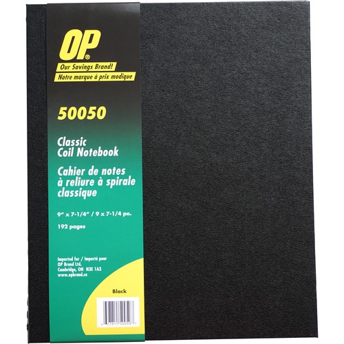 OP Brand Coil Notebook - 192 Pages - Wire Bound - Black Cover - Acid-free Paper, Hard Cover