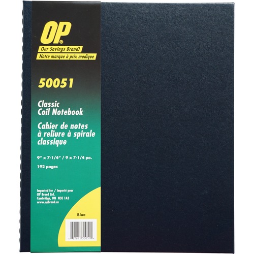 OP Brand Coil Notebook - 192 Pages - Wire Bound - Blue Cover - Acid-free Paper, Hard Cover