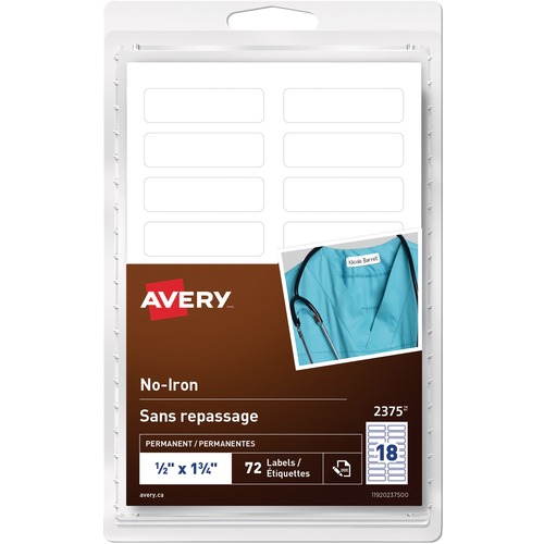 Avery White No-Iron Fabric LabelsHandwrite, " x 1" - 1/2" Height x 1 3/4" Width - Permanent Adhesive - Rectangle - White - Fabric - 18 / Sheet - 4 Total Sheets - 180 / Pack