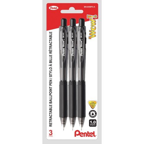 Pentel WOW! Ballpoint Pen - Medium Pen Point - 0.7 mm Pen Point Size - Retractable - Black - Translucent Black Barrel - 3 / Pack
