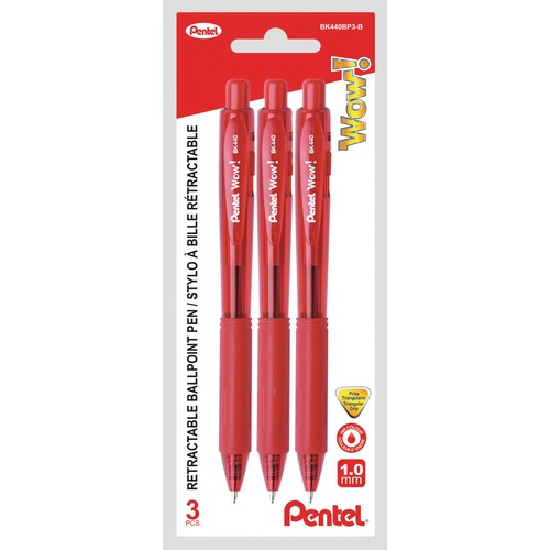 Pentel WOW! Ballpoint Pen - Medium Pen Point - 0.7 mm Pen Point Size - Retractable - Red - Translucent Red Barrel - 3 / Pack - Ballpoint Retractable Pens - PENBK440BP3B