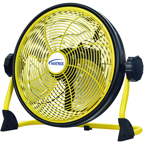 Matrix USB Fan - 12" Diameter - 3 Speed - 90° Oscillation, LED Indicator, USB Charging Port, Pivot, Battery Operated, Durable - Metal Blade - Yellow, Black