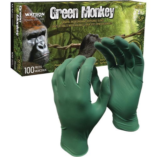 Watson Gloves 5559PF Green Monkey - Chemical, Oil, Grease, Liquid Protection - Large Size - For Right/Left Hand - Nitrile - Forest Green - Disposable, Biodegradable, Rolled Cuff, Powder-free, Textured Finish, Textured Pattern, Solvent Resistant - For Auto