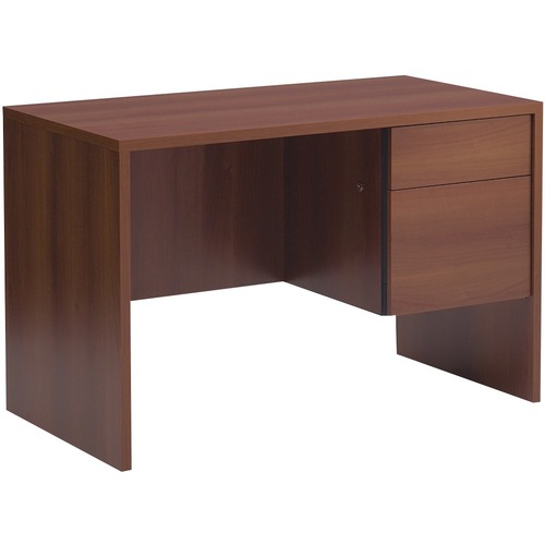 Global Genoa Single Pedestal Desk Quartered Mahogany - 1" Top, 1" End Panel, 45" x 24" x 29" - Single Pedestal - Square Edge - Material: Particleboard Surface, Melamine Surface - Finish: Quartered Mahogany