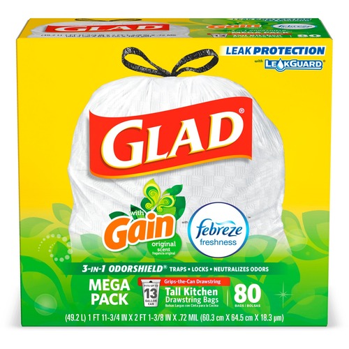 Glad OdorShield 13-gallon Gain Scent Trash Bags - 13 gal - 23.75" Width x 25.38" Length x 0.72 mil (18 Micron) Thickness - White - 1Box - 80 Per Box -