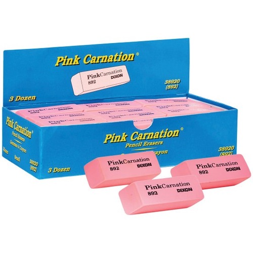 Dixon Pink Carnation Wedge Erasers, Small, Pink, 2" x .75", Soft, Latex-free, Non-toxic, Abrasion Resistant, Beveled Edge, Smudge-free, 36/Box
