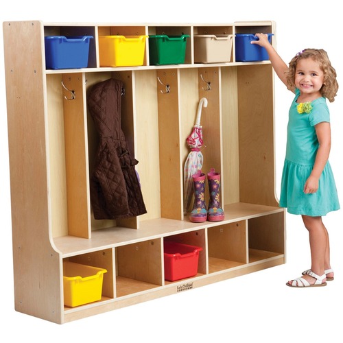 ECR4KIDS Birch 5-Section Coat Locker with Bench - 48" Height x 54" Width x 13" Depth - Natural - Birch Hardwood - 1 Each