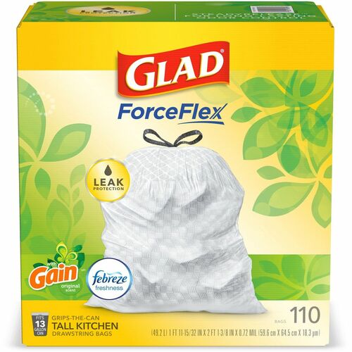 Glad ForceFlex Tall Kitchen Drawstring Trash Bags - Gain Original with Febreze Freshness - 13 gal Capacity - 25.38 ft Width x 33.75 ft Length - 0.72 mil (18 Micron) Thickness - Drawstring Closure - White - 110/Box - Home, Office, Kitchen, Breakroom