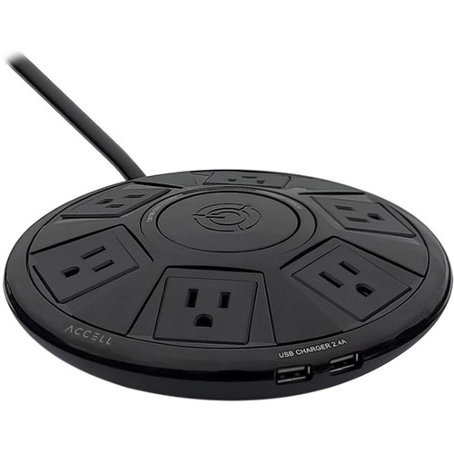 Accell Power Air - Surge Protector and USB Charging Station - Black, 6 ft (1.8 m) - 6 x AC Power, 2 x USB - 1800 VA - 1080 J - 120 V AC Input - 6 ft