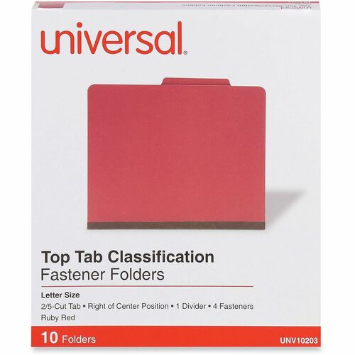 Universal 2/5 Tab Cut Letter Classification Folder - 8 1/2" x 11" - 2" Expansion - 4 Fastener(s) - 2" Fastener Capacity - Top Tab Location - Right of Center Tab Position - 1 Divider(s) - Ruby Red - 10 Box