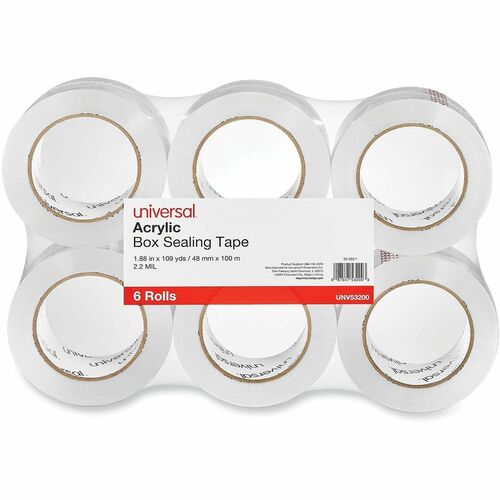 Universal Packaging Tape - 109 yd Length x 1.88" Width x 2 mil Thickness - 3" Core - Clear - Acrylic - Plastic Backing - 6 / Pack