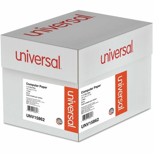 Universal Continuous Paper - 92 Brightness - 20 lb Basis Weight - White, Blue Bar - 2400 Sheets - 2400 / Carton