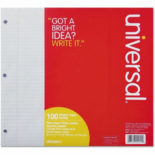 Universal Filler Paper, 3-Hole, 8.5 x 11, Medium/College Rule, 100/Pack - 100 Sheets - Medium Ruled, College Ruled Front Ruling - Red Margin - 3 Hole(s) - 15 lb Basis Weight - White Paper - 100 / Pack