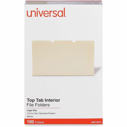 Universal 1/3 Tab Cut Legal Top Tab File Folder - 8 1/2" x 14" - Assorted Tab Position - 9.5 pt. - Manila - 100 Box