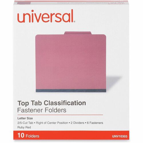 Universal 2/5 Tab Cut Letter Classification Folder - 8 1/2" x 11" - 2" Expansion - 6 Fastener(s) - 2" Fastener Capacity - Top Tab Location - Right of Center Tab Position - 2 Divider(s) - Ruby Red - 10 Box