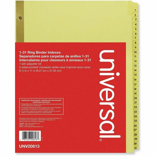 Universal Index Divider - 31 Printed Side Tab(s) - Digit - 1-31 - Letter - 8.50" Width x 11" Length - 3 Hole Punched - Buff Paper Divider - Clear Buff Paper Tab(s) - Recycled - Mylar Reinforced Edge, Laminated Tab - 1 Set