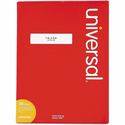 Universal Products Address Label - 4" Width x 1" Length - Permanent Adhesive - Rectangle - Laser, Inkjet - White - Paper - 20 / Sheet - 250 Total Sheets - 5000 / Box