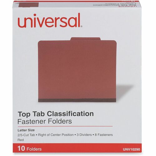 Universal 2/5 Tab Cut Letter Classification Folder - 8 1/2" x 11" - 3" Expansion - 8 Fastener(s) - 2" Fastener Capacity - Top Tab Location - Right of Center Tab Position - 3 Divider(s) - Red - 10 Box