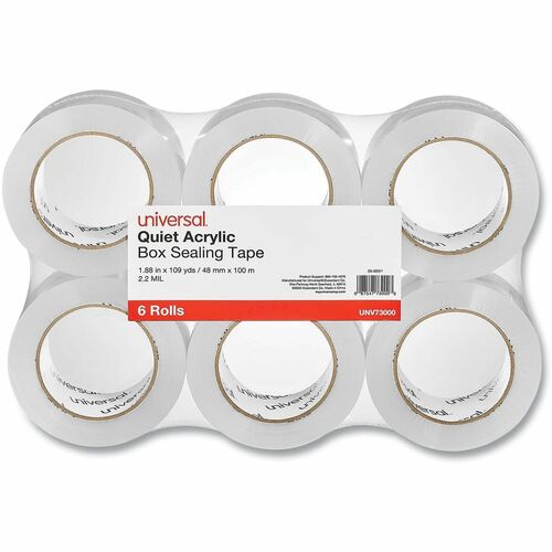 Universal Quiet Tape Box Sealing Tape, 3" Core, 1.88" x 109 yds, Clear, 6/Pack - 109 yd Length x 1.88" Width x 2 mil Thickness - 3" Core - Clear - Acrylic - Plastic Backing - 6 / Pack