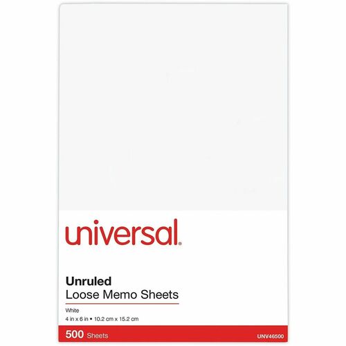 Universal Loose White Memo Sheets, 4 x 6, Unruled, Plain White, 500/Pack - 500 Sheets - Unruled Front Ruling - Plain White Paper - 500 / Pack