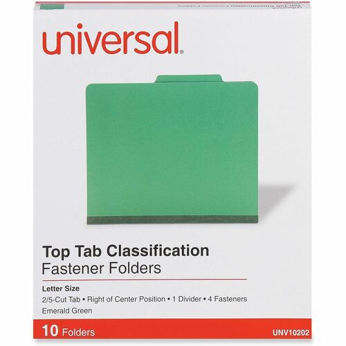 Universal 2/5 Tab Cut Letter Classification Folder - 8 1/2" x 11" - 2" Expansion - 4 Fastener(s) - 2" Fastener Capacity - Top Tab Location - Right of Center Tab Position - 1 Divider(s) - Emerald Green - 10 Box