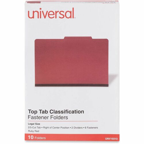 Universal 2/5 Tab Cut Legal Classification Folder - 8 1/2" x 14" - 2" Expansion - 6 Fastener(s) - 2" Fastener Capacity - Top Tab Location - Right of Center Tab Position - 2 Divider(s) - Ruby Red - 10 Box
