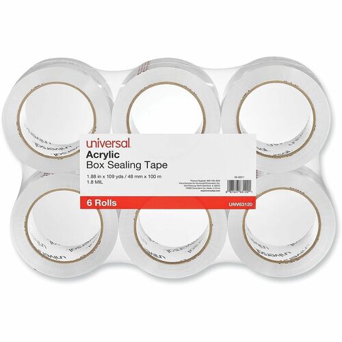 Universal Packaging Tape - 109 yd Length x 1.88" Width x 1.7 mil Thickness - 3" Core - Clear - Acrylic - Plastic Backing - 6 / Pack