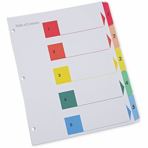 Universal Index Divider - 5 Print-on Side Tab(s) - Digit - 1-5, Table of Contents - 8.5" Divider Width x 11" Divider Length - Letter - 8.50" Width x 11" Length - 3 Hole Punched - White Paper Divider - Assorted Paper Tab(s) - Recycled - Double-sided, Mylar