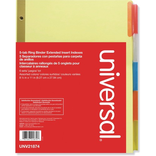 Universal Index Divider - 5 Write-on Side Tab(s) - Letter - 8.50" Width x 11" Length - 3 Hole Punched - Buff Paper Divider - Assorted Plastic Tab(s) - Recycled - Customizable, Double-sided, Gold Reinforced Binding Edge - 6 Set