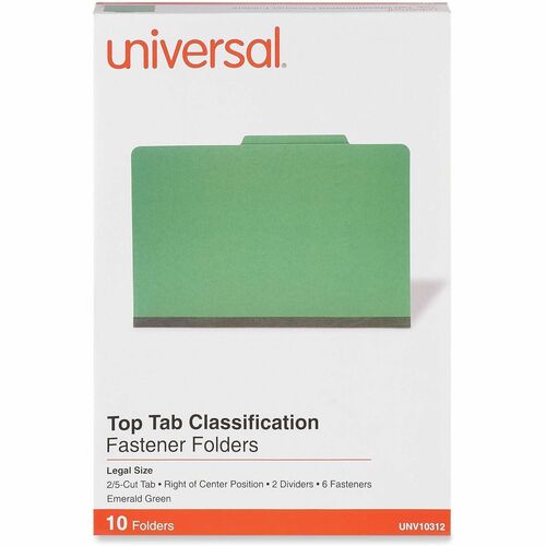 Universal 2/5 Tab Cut Legal Classification Folder - 8 1/2" x 14" - 2" Expansion - 6 Fastener(s) - 2" Fastener Capacity - Top Tab Location - Right of Center Tab Position - 2 Divider(s) - Emerald Green - 10 Box