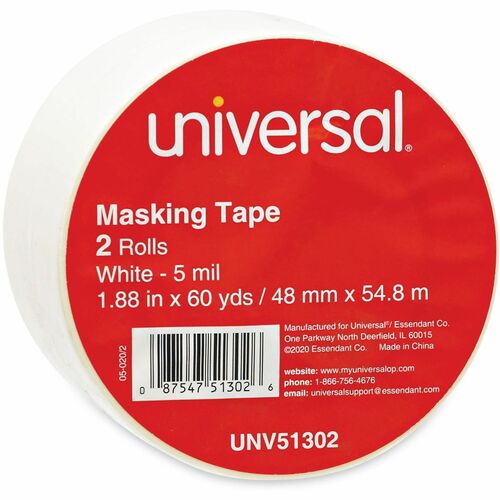 Universal General-Purpose Masking Tape, 3" Core, 48 mm x 54.8 m, Beige, 2/Pack - 59.93 yd Length x 1.89" Width x 5.5 mil Thickness - 3" Core - Beige - Natural Rubber - Crepe Paper Backing - 2 / Pack