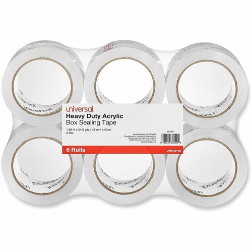 Universal Heavy-Duty Acrylic Box Sealing Tape, 3" Core, 1.88" x 54.6 yds, Clear, 6/Pack - 54.60 yd Length x 1.88" Width x 3 mil Thickness - 3" Core - Clear - Acrylic - Plastic Backing - 6 / Pack