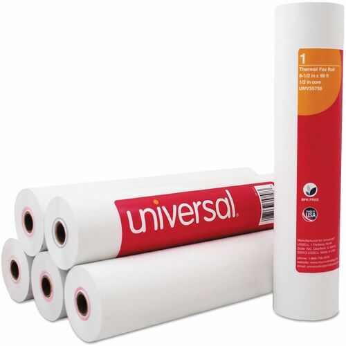 Universal Direct Thermal Printing Fax Paper Rolls, 0.5" Core, 8.5" x 98 ft, White, 6/Pack - 8 1/2" x 98 ft - End of Paper Indicator, Coated - White - 6 / Pack