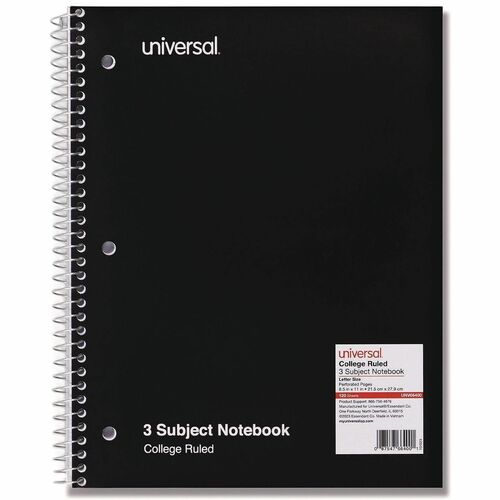 Universal Notebook - 3 Subject(s) - 120 Sheets - Spiral - Medium Ruled, College Ruled Front Ruling - 3 Hole(s) - 15 lb Basis Weight - 11" Height x 8.5" Width - White Paper - Black Paperboard Cover