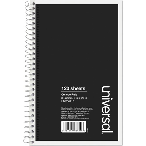 Universal Notebook - 3 Subject(s) - 120 Sheets - Spiral - Medium Ruled, College Ruled Front Ruling - 15 lb Basis Weight - 9.50" Height x 6" Width - White Paper - Black Paperboard Cover