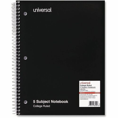 Universal Notebook - 5 Subject(s) - 200 Sheets - Spiral - Medium Ruled, College Ruled Front Ruling - 3 Hole(s) - 15 lb Basis Weight - 11" Height x 8.5" Width - White Paper - Black Paperboard Cover