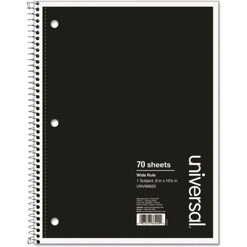 Universal Notebook - 1 Subject(s) - 70 Sheets - Spiral - Wide Ruled, Legal Ruled Front Ruling - 3 Hole(s) - 15 lb Basis Weight - 10.50" Height x 8" Width - White Paper - Black Paperboard Cover