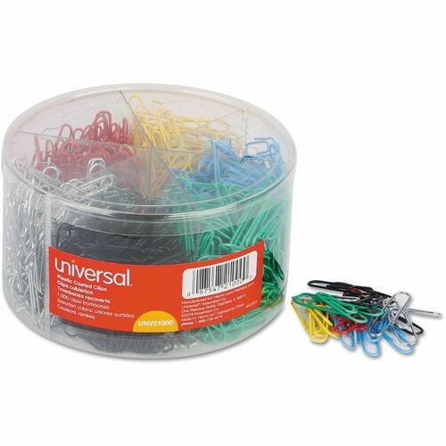 Universal Paper Clip - No. 3 - 0.9" Length x 0.5" Width - Assorted, Black, Blue, Green, Red, Silver, Yellow - Plastic, Steel Wire - 1000 / Pack