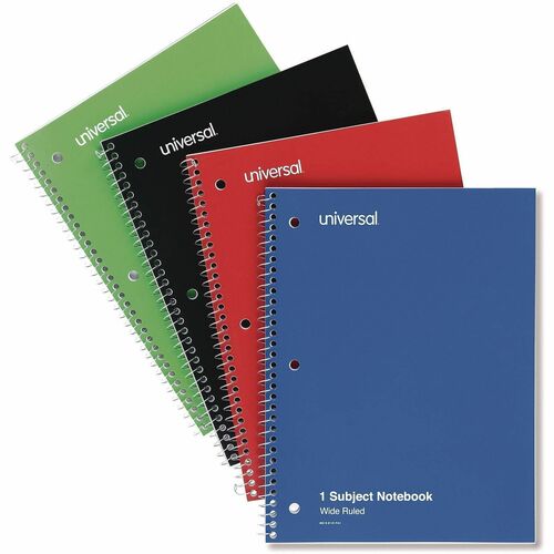 Universal Notebook - 1 Subject(s) - 70 Sheets - Spiral - Wide Ruled, Legal Ruled Front Ruling - 3 Hole(s) - 15 lb Basis Weight - 10.50" Height x 8" Width - White Paper - Black Paperboard, Blue, Green, Red Cover - 4 / Pack