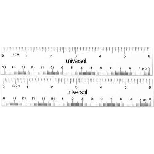 Universal Ruler - 6" Length - 1/16 Graduations - Metric, Standard Measuring System - Plastic - Clear - 2 / Pack