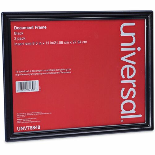 Universal Document Frame - 12" x 9.50" Frame Size - Holds 8.50" x 11" Insert - Rectangle - Vertical, Horizontal - Dust Resistant, Die-cut - Plastic - Black, Gold - 3 / Pack