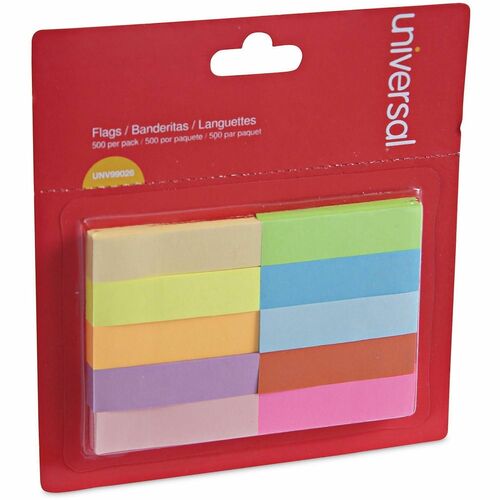 Universal Adhesive Note - 1/2" Flag/Note Width x 2" Flag/Note Length - Rectangle - Yellow, Turquoise, Red, Purple, Pink, Neon Yellow, Neon Orange, Neon Pink, Blue, Lime - Paper - Adhesive, Self-stick, Repositionable, Reusable, Pop-up, Removable, Residue-f