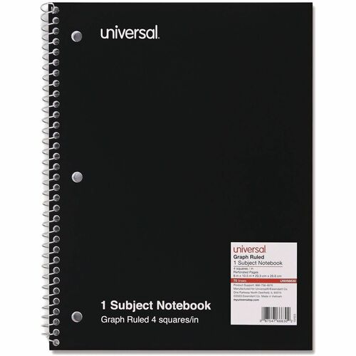 Universal Notebook - 1 Subject(s) - 70 Sheets - Spiral - Quad Ruled Front Ruling - 3 Hole(s) - 15 lb Basis Weight - 10.50" Height x 8" Width - White Paper - Black Paperboard Cover