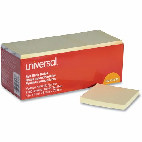 Universal Self-Stick Note Pad Cabinet Pack, 3" x 3" , Yellow, 90 Sheets/Pad, 24 Pads/Pack - 90 Sheets - Plain - 3" x 3" Sheet Size - Yellow Paper - Paper Cover - 24 / Pack