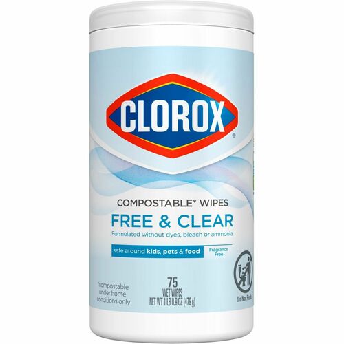 Clorox Free & Clear Compostable All Purpose Cleaning Wipes - 4.25" Length x 4.25" Width - 75.0 / Tub - 1 Each - Fragrance-free, Dye-free, Residue-free, Durable - White