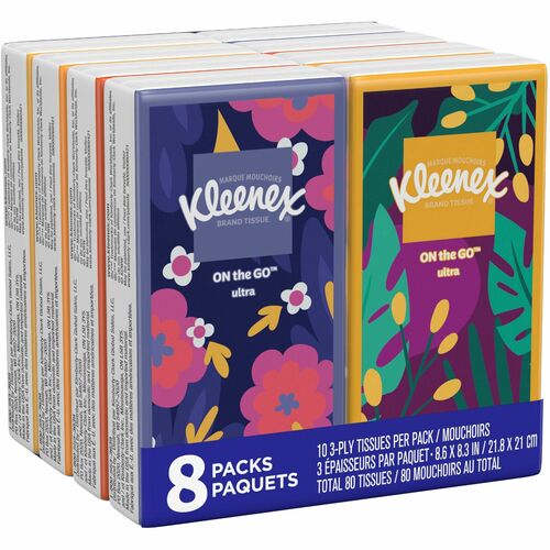 Kleenex Go Packs Facial Tissues - 3 Ply - 8.60" x 8.30" - White - 10 Per Pouch - 8 / Pack