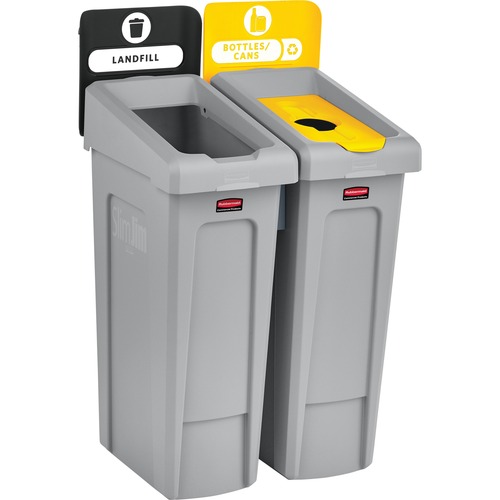 Rubbermaid Commercial Slim Jim Recycling Station - Hinged Lid - Rectangular - Durable, Vented - 40.3" Height x 24" Width - Resin - Gray, Black, Yellow