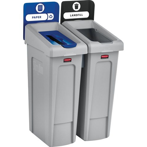 Rubbermaid Commercial Slim Jim Recycling Station - Hinged Lid - Rectangular - Durable, Vented - 40.3" Height x 24" Width - Resin - Gray, Black, Blue