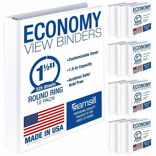 Samsill Economy Ring Binder - 1 1/2" Binder Capacity - Letter - 8 1/2" x 11" Sheet Size - 325 Sheet Capacity - 3 Ring - Fastener: Round Ring - Pocket: 2, Internal - Polypropylene, Vinyl-covered Chipboard - White - Recycled - Clear Overlay, Non-glare, Spin