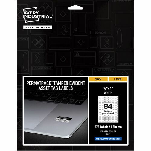 Avery® PermaTrack Tamper-Evident Asset Tag Labels, 1/2" x 1" , 672 Asset Tags - Waterproof - 1/2" Width x 1" Length - Permanent Adhesive - Rectangle - Laser - White - Film - 84 / Sheet - 40 Total Sheets - 672 Total Label(s) - 5 / Carton - PVC-free, Pr